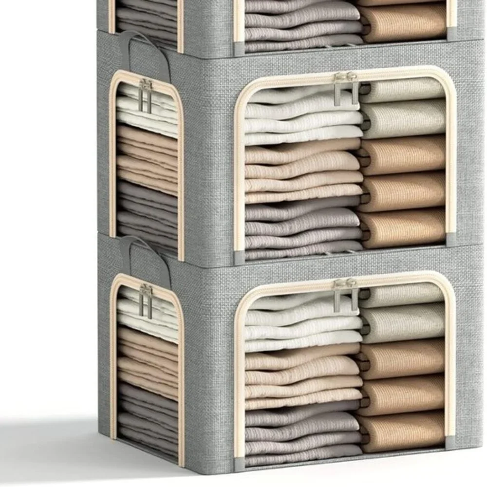 3 Openings Clothes Storage Bins with‎ Metal Frame Foldable Storage Bin